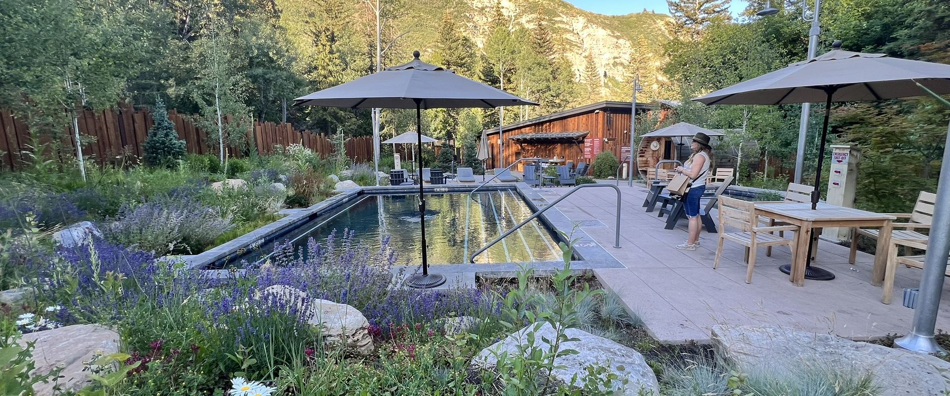 Mountain pool and patio with lounge seating