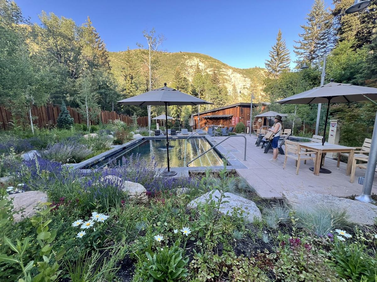 Mountain pool and patio with lounge seating at The Springs