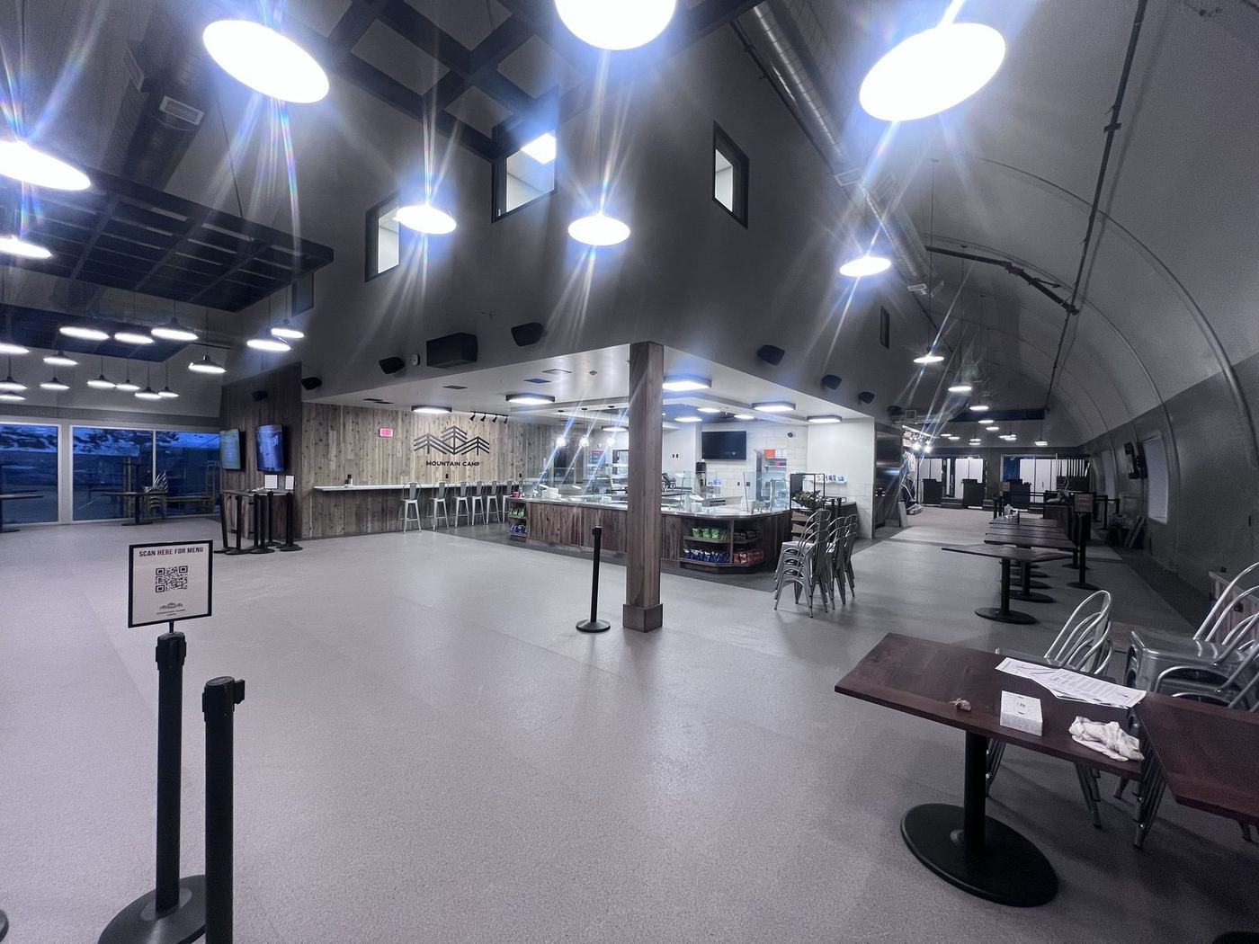 Resort cafeteria seating area with new lighting
