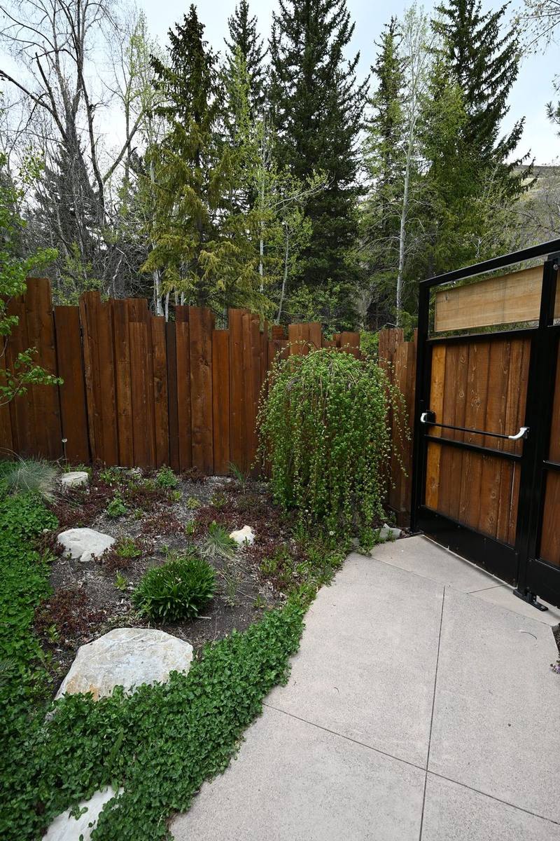 Patio landscaping detail with a wood gate and boulders