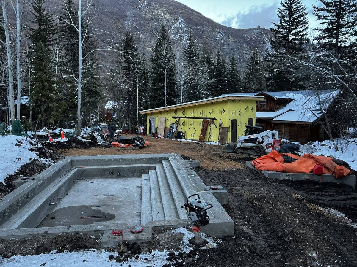 Pool shell under construction in winter